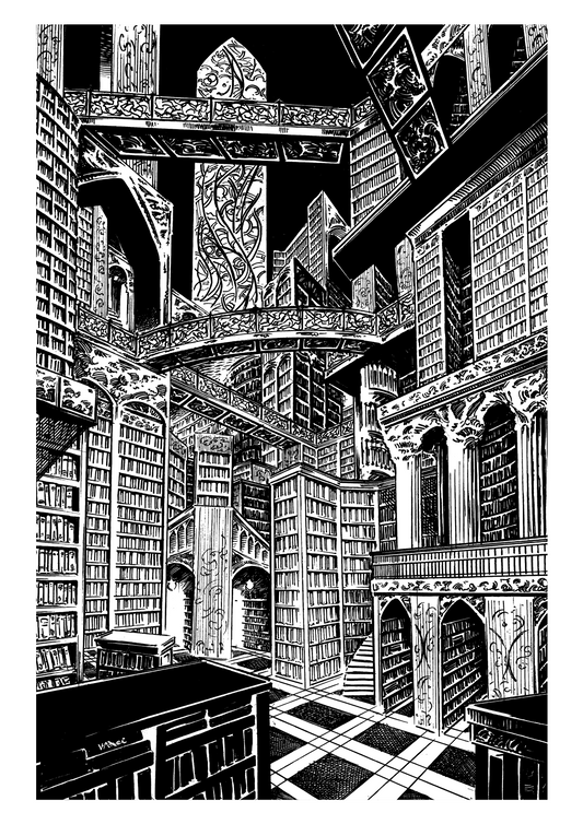 The Library Black and White Print